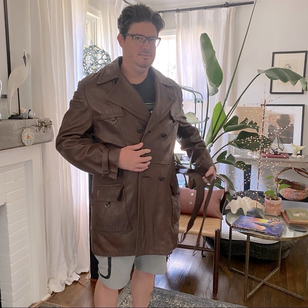 Vintage Designer Brown Leather Car Coat Length 44